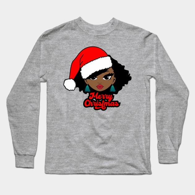 Merry Christmas Santa Hat, Black Girl Christmas Magic Long Sleeve T-Shirt by UrbanLifeApparel